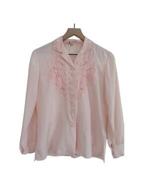 Rose Brand Women Sz S Pink Silk Button Front Top Hand Embroidered Pink Feminine
